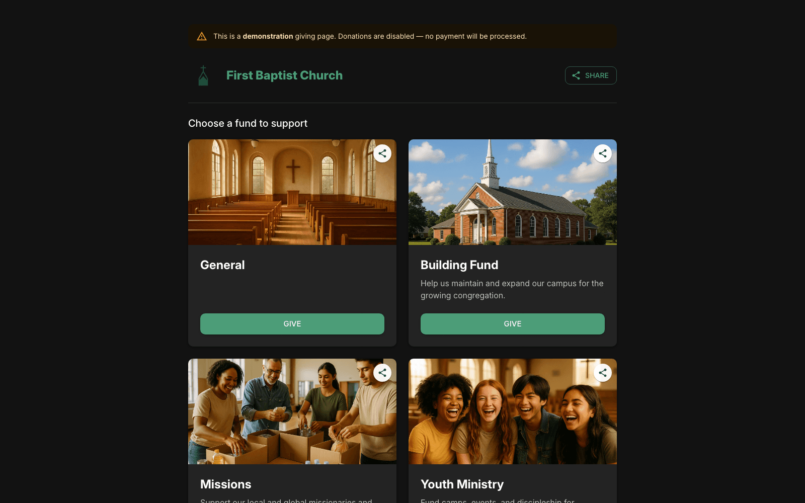 Vestry church-giving product — demonstration giving page