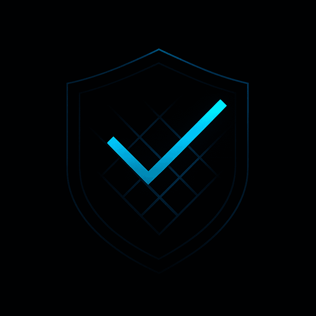 A checkmark emerging from a verification lattice inside a shield